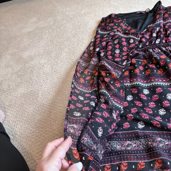 Boho Mini Dress V-Neck Gathered Smocked Waist Floral Speed Control NY Plus 2X - Picture 3 of 12